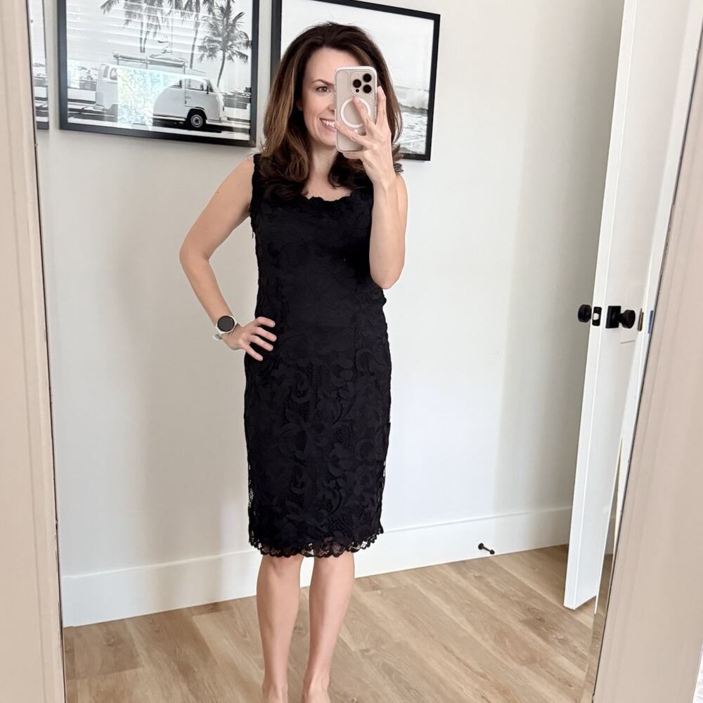 Josie Natori Black Lace Sheath Dress Womens 10 Sleeveless Stretch Bodycon LBD - Picture 2 of 14